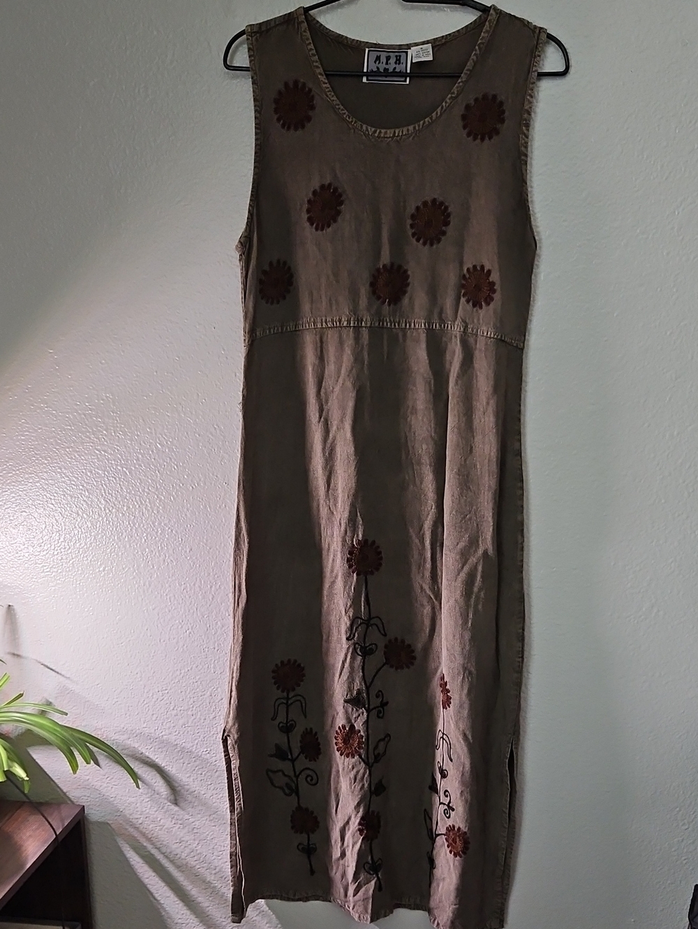 Vintage 90s M.P.H. Embroidered Floral Rayon Maxi Dress Brown Boho Size S
